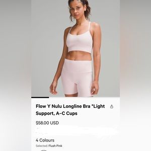 Flow Y Nulu Long Line Bra Light Support A-C cup Size 8 Flush Pink